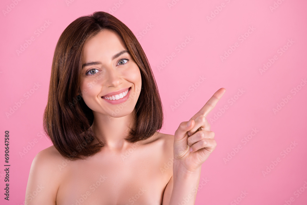 Photo of attractive pretty girl advertising spa salon beautician procedure on empty space isolated pastel color background Photo of attractive pretty girl advertising spa salon beautician procedure on empty space isolated pastel color background