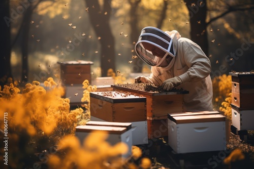 Beekeeper is working with bees and beehives on apiary