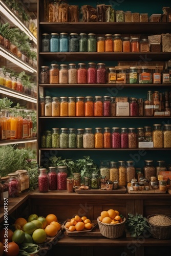 Grocery store shelves with jars, smoothies, nuts, seasonings, vegetables and fruits on the shelves. Vegetarianism, healthy eating concepts.