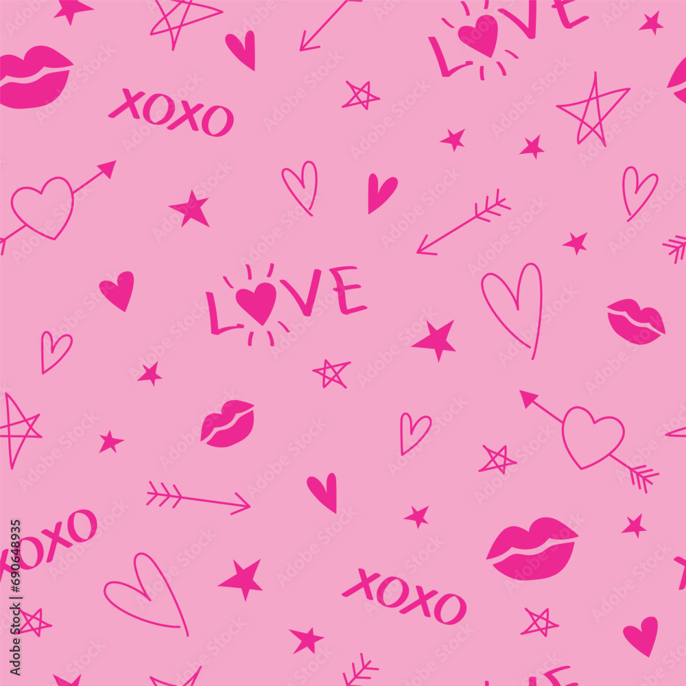 seamless love pattern with hearts, stars and arrows, pink doodle vector illustration