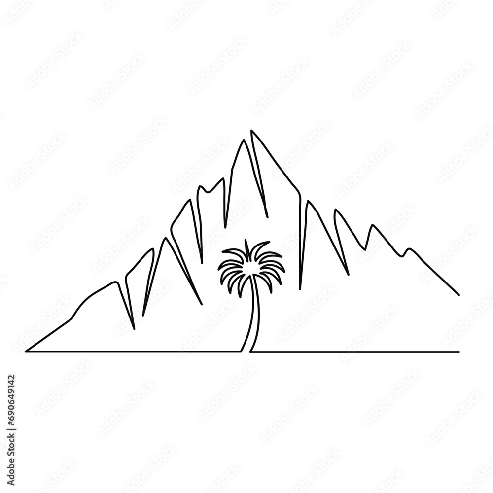 Fototapeta premium Continuous single line hand draw of high mountain sketch and outline vector illustration design