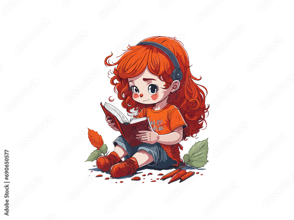 Little Girl Reading Book, Cute Red Hair Girl With Book and Flowers. Little Girl Reading Book, Cute Red Hair Girl With Book and Flowers.