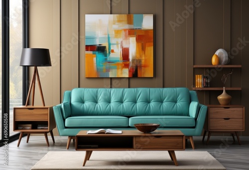 Inviting Living Room with Colorful Abstract Painting and Comfortable Sofa
