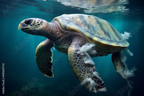 Plastic pollution in ocean. Turtle with plastic bags and bottles. Environmental problem.