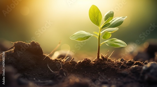 sapling growing from the fertile soil into the morning sunlight