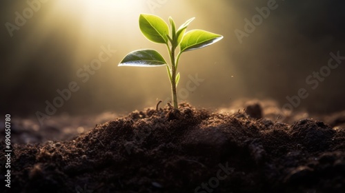 sapling growing from the fertile soil into the morning sunlight