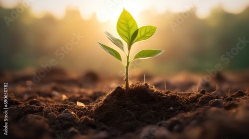 sapling growing from the fertile soil into the morning sunlight
