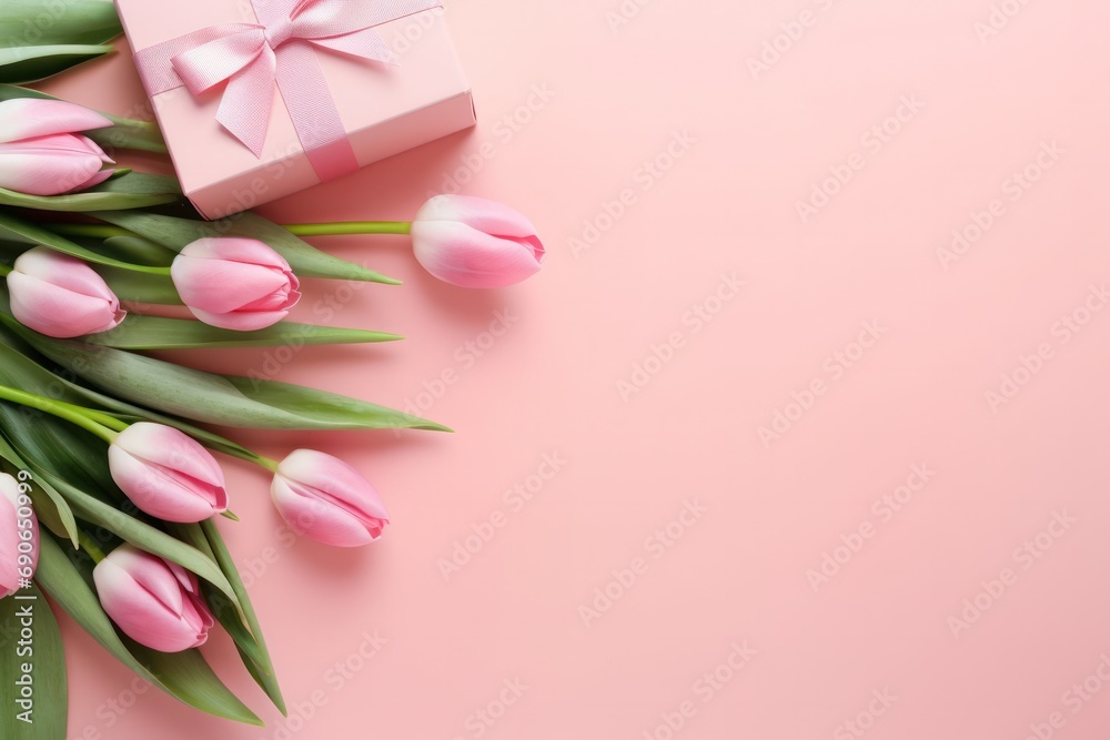 Pink Tulips and Pink Gift Box on Pink Background, Flat Lay With Copy Space Pink Tulips and Pink Gift Box on Pink Background, Flat Lay With Copy Space