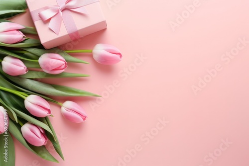 Pink Tulips and Pink Gift Box on Pink Background  Flat Lay With Copy Space