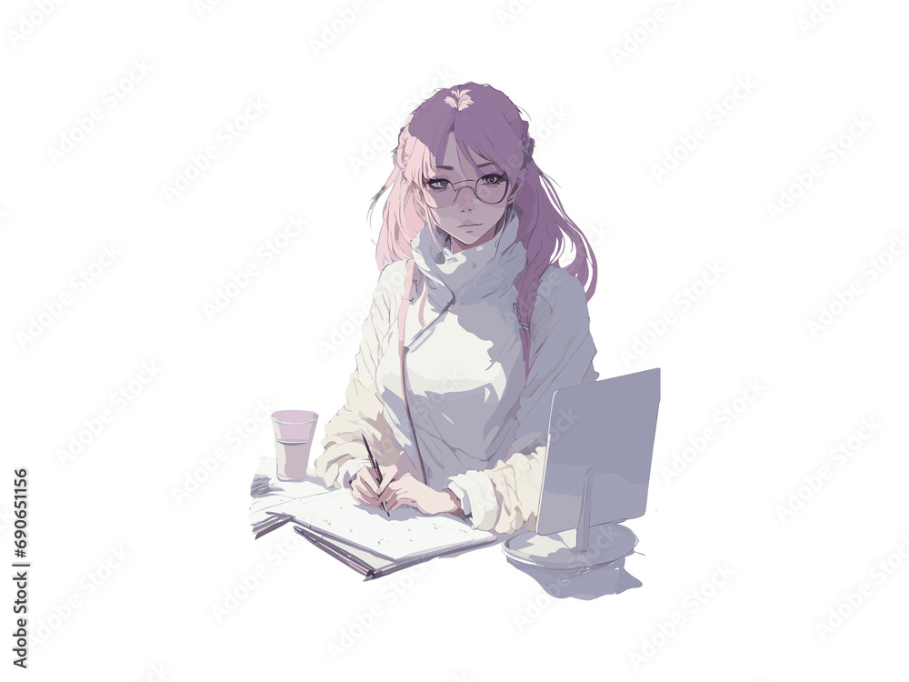 Little Girl Reading Book, Cute Pink Hair Girl With Book. Little Girl Reading Book, Cute Pink Hair Girl With Book.