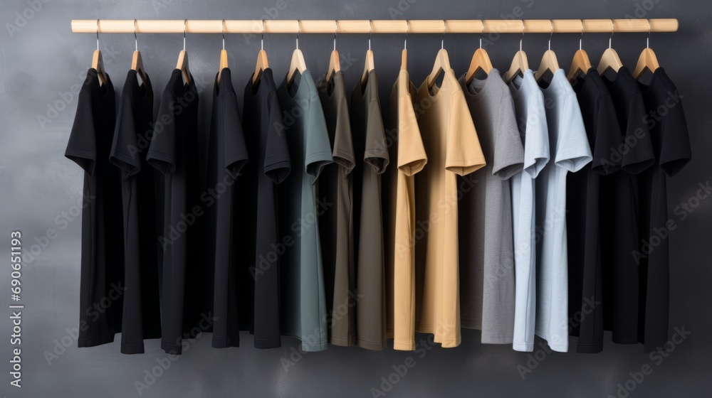 © Yahor Shylau  - T-shirts hang neatly on a hanger.