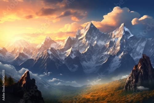 Majestic Mountain Peaks. A Panoramic View of Towering Mountain Ranges at Sunrise