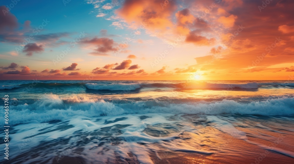 Bright sunrise seascape with blue sky
