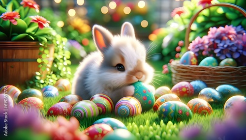 Un lapin mignon célèbre Pâques au printemps, entouré de jolis œufs colorés, de décorations vertes et de chocolat, symbolisant une célébration animée et colorée. photo