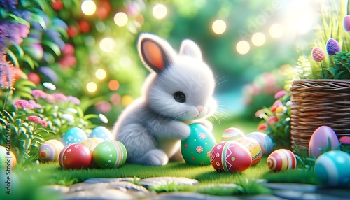 Un lapin décoré et coloré célèbre Pâques au printemps, entouré d'œufs multicolores en chocolat, incarnant la joie de cette fête dans un décor verdoyant et ravissant.