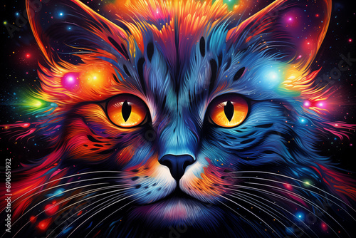 Cat's face. Abstract neon image of a waiting cat on a purple background in pop art style. digital vector graphics