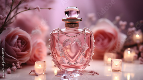 Sweet gift for a happy Valentine's Day, pink perfume in a bottle decorated with diamonds. Generative ai.