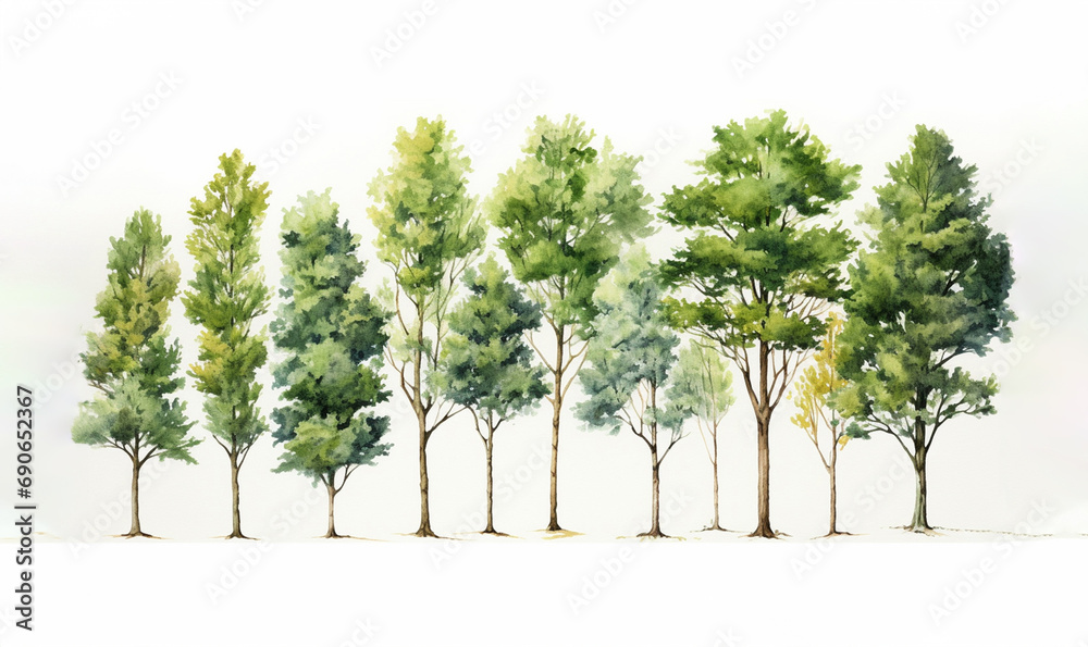 Obraz premium the charm of a watercolor-style illustration showcasing a collection of summer or spring trees in a delightful cartoon style, isolated on a white background. Generative AI.