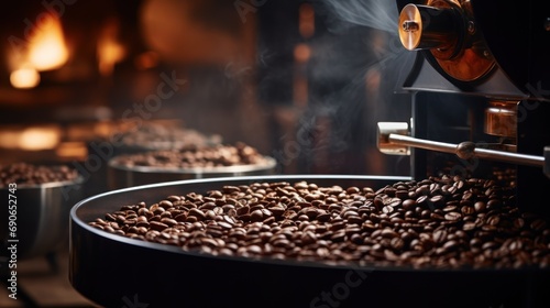 Freshly roasted aromatic coffee beans Above modern coffee roasters Professional coffee roasting testing at various levels photo