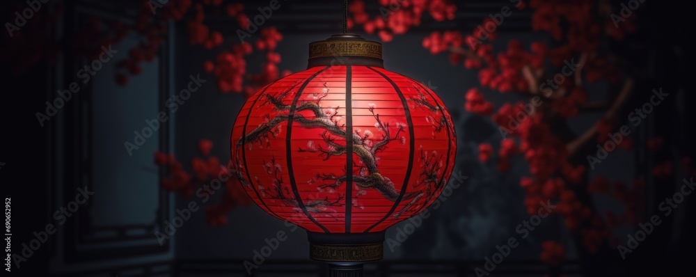 Chinese New Year red lantern. Copy space. Chinese Script, traditional lantern.