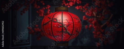 Chinese New Year red lantern. Copy space. Chinese Script, traditional lantern.