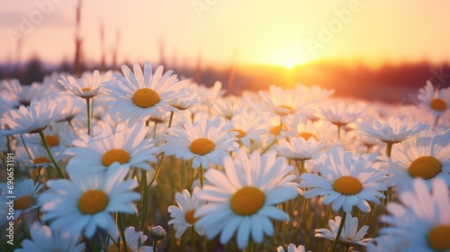 Landscape of white daisies blooming in a field sunset and sunrise