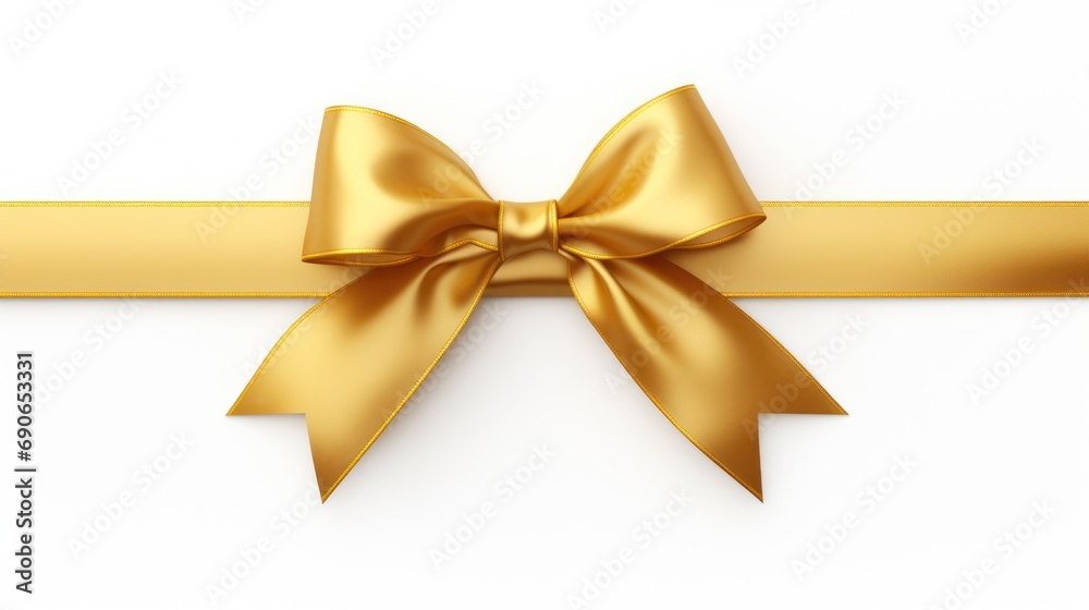 Long golden ribbon bow isolated on white background.