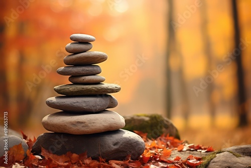 Pile of zen stones in the autumn forest.