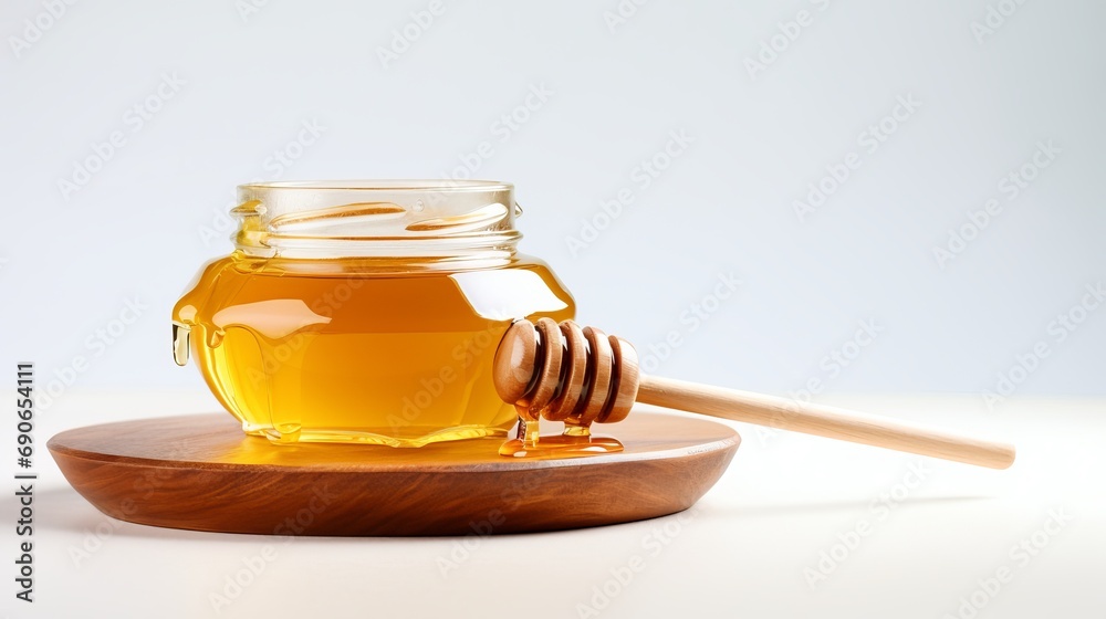 An appealing honey bottle with a wooden honey dipper and a white background with copy space at the top. An appealing honey bottle with a wooden honey dipper and a white background with copy space at the top.