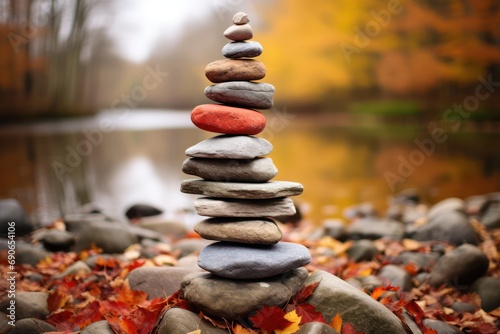 Stone tower in autumn. Stones Balance, Natural stones under the autumn leafs