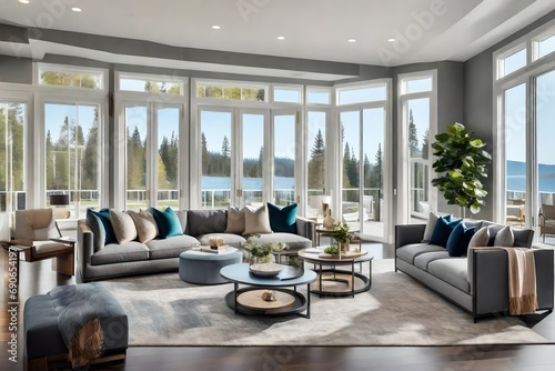 beautiful living room interior in new luxury home with open concept floor plan. Shows kitchen, dining room, and wall of windows with amazing exterior, generative al photo