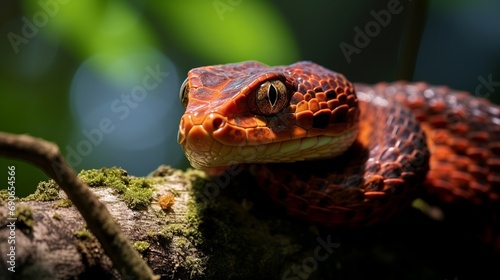 A baby red boiga snake on a tree is attempting to eat a lizard. close-up of the snake on a branch.