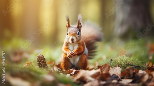 A nut is being eaten by a cute squirrel in nature with a blurred background. also present are wild animals and cute rodents eating nuts in the forest.