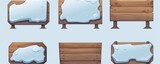 Vector cartoon set of blank wooden signs covered with snow and ice isolated on grey background