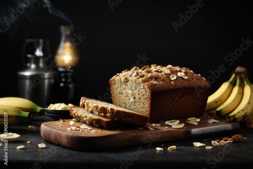 Banana bread on the table on black background, banana nut bread, cake with nuts, banana cake, Banana cake with nuts, cake with banana, bread of banana