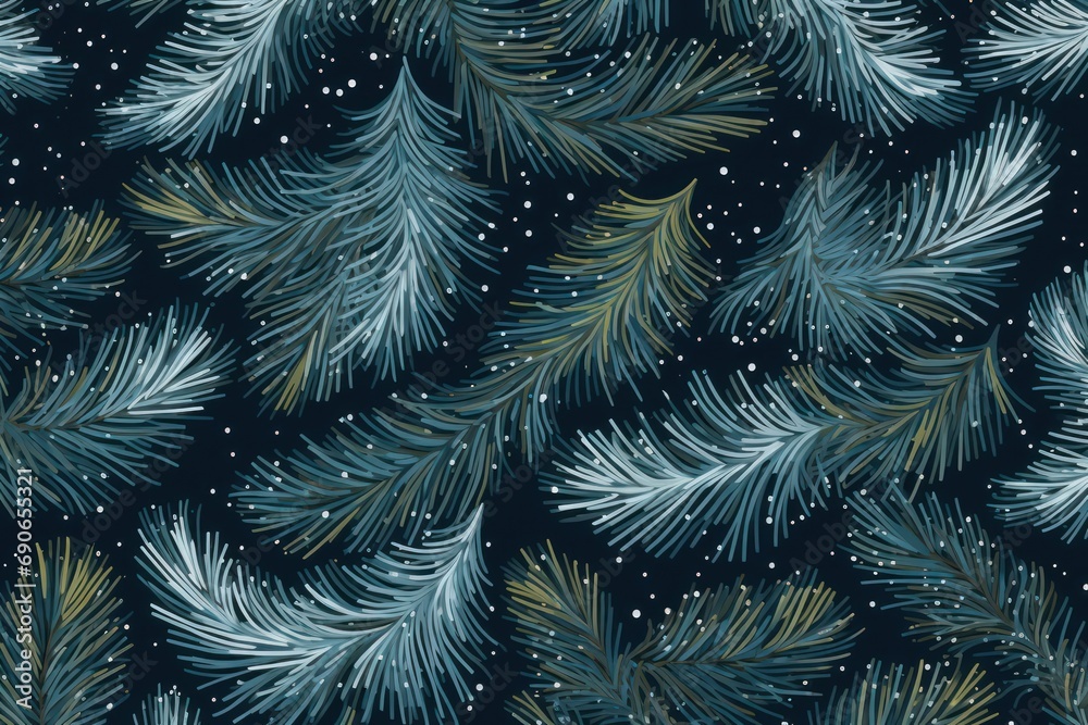 Vector decorative seamless pattern with christmas coniferous branches and falling snow 