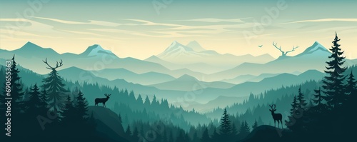 Vector green landscape with silhouettes of misty mountains