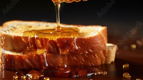 Toast is being dipped in golden honey by a honey stick