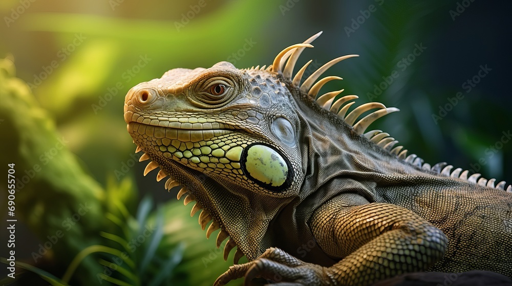 A close look at a giant reptile iguana lizard with plants in the background. A close look at a giant reptile iguana lizard with plants in the background.