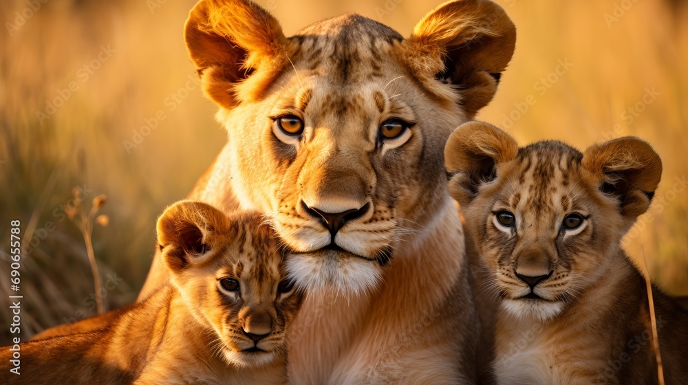 A close up of a lioness and her adorable baby lions grazing in a green field A close up of a lioness and her adorable baby lions grazing in a green field