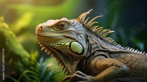 A close look at a giant reptile iguana lizard with plants in the background.