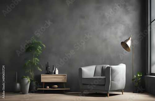Style loft interior with gray armchair on dark cement wall.3d rendering