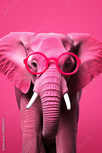 a bright pink elephant with glasses  in the style of graphic design poster art created with Generative Ai