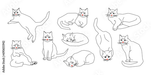 Set of linear cats cartoon style. Cute cat animals characters for a coloring book, modern design collection. Vector illustration