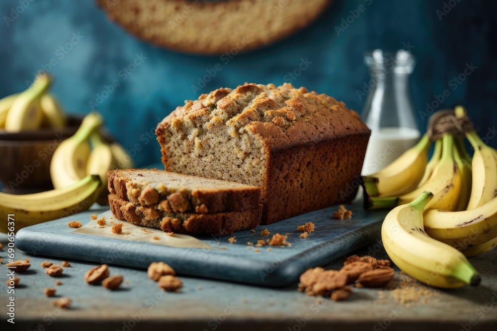 Banana bread on the table on blue background, banana nut cake, muffin with banana, pie with nuts and banana, pie with walnuts and banana, cake with banana, banana cake on the table Banana bread on the table on blue background, banana nut cake, muffin with banana, pie with nuts and banana, pie with walnuts and banana, cake with banana, banana cake on the table