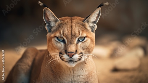 A portrait of a caracal sitting on the ground looking at the camera at a high angle. photo