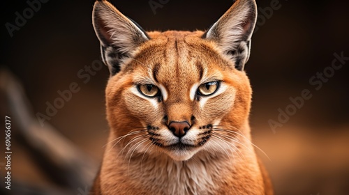 A portrait of a caracal sitting on the ground looking at the camera at a high angle. © Shabnam