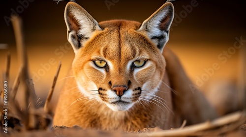 A portrait of a caracal sitting on the ground looking at the camera at a high angle.