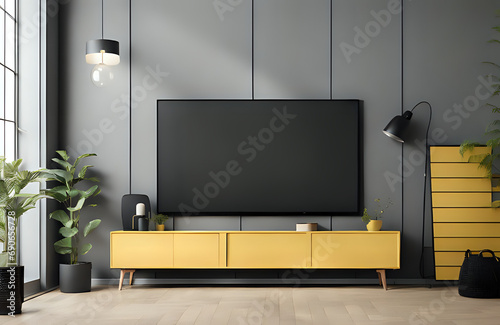 Black cabinet for tv interior yellow wall mockup photo