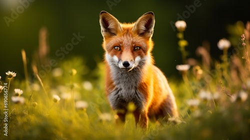 The wildflower meadow is home to a curious red fox vulpes who stand while hunting.